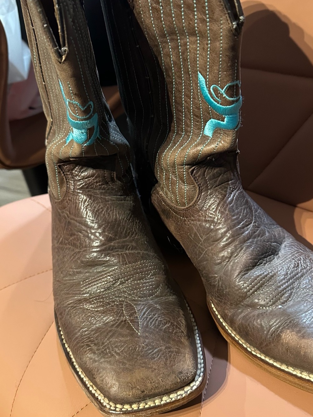 Hooey Brown Cowboy Boots with Turquoise Stitching